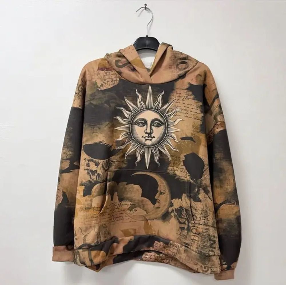 L820 | Loowie Sun Moon Script Sweatshirt Hoodie | Celestial Graphic | One Sz S-L